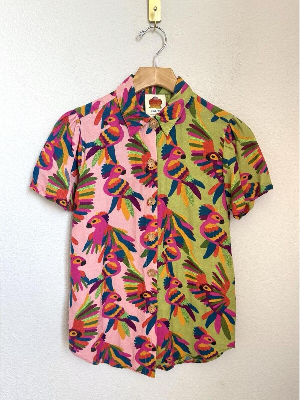 Farm Rio Parrot Printed Button Down Linen Short Sleeve Oversized Linen Blend XXS
